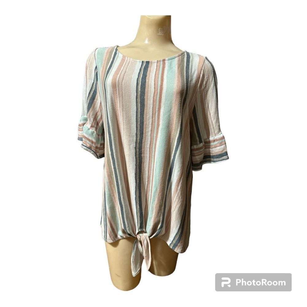 Women’s Tie Front Blouse, Stripes, Sz Medium